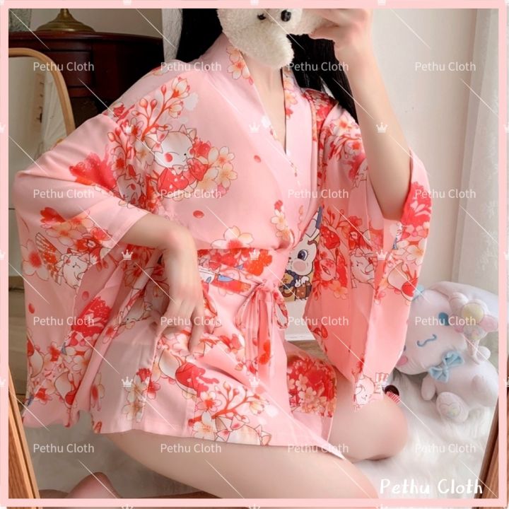 Váy ngủ kimono ngắn tay nữ váy ngủ Hàn Quốc cô gái mùa thu ngọt ngào