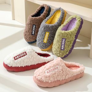 SWEET TIM Patchwork Plush Warm Slippers Ins Letter Non-Slip Winter Indoor Slippers Fashion Casual Soft Home Slippers Indoor