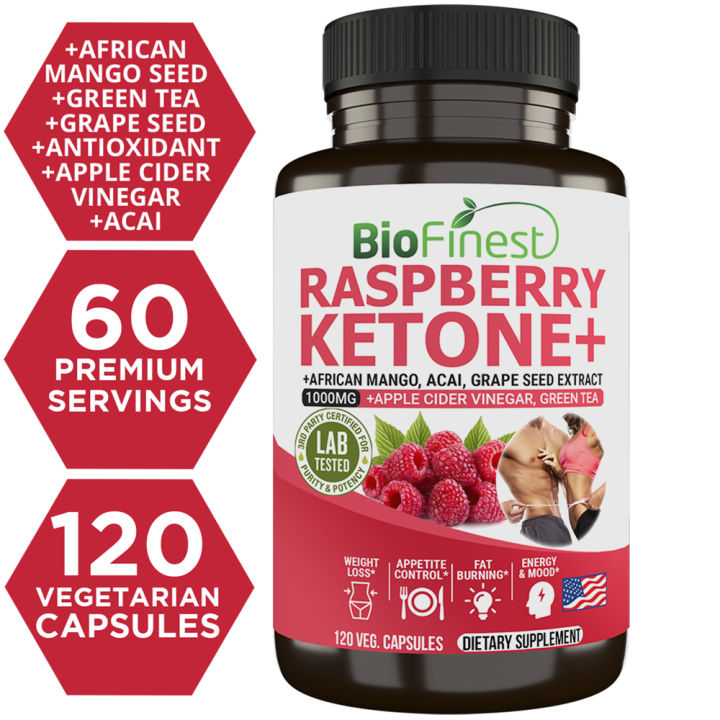 Biofinest Raspberry Ketones 1000mg Supplement - African Mango Apple Cider Vinegar Acai Berry Green Tea Grape Seed Extract - Weight Loss Appetite Control Slimming Detox Metabolism Fat Burner Ketone Diet - Healthy Mood Skin Hair Joint Energy (120 veg. caps)