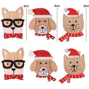 6Pcs Christmas Wooden Clips Cartoon Cat Dog Photo Clip Photo Wall DIY Festival Party Atmosphere Decoration Clamp Home Xmas Tree Decorative Clip