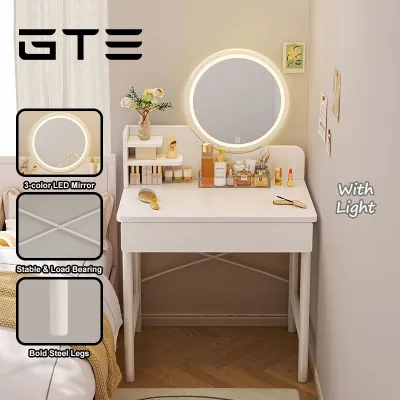 GTE 60cm Bedroom Dressing Table Aesthetic Vanity Makeup Desk With Round Mirror LED Light Drawer - Fulfilled by GTE SHOP