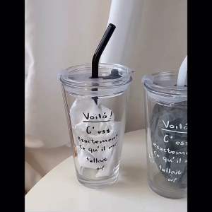 Korean Voila! Coffee Glass Cup With Cover French Letter Portable Classic Cup Black Word Coffee Cawan Kopi Couple Gift ins