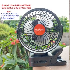 Quạt kẹp tích điện Yoobao F8 có đèn chiếu sáng kiêm sạc dự phòng 3in1 pin 8000mAh dùng liên tục 8 tiếng tới 30 tiếng