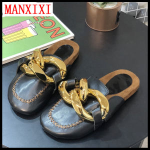 MANXIXI Brand Fashion Loafers Slippers Beautiful Gold Chain Flat Mules Sandals For Women (Size 35-40)