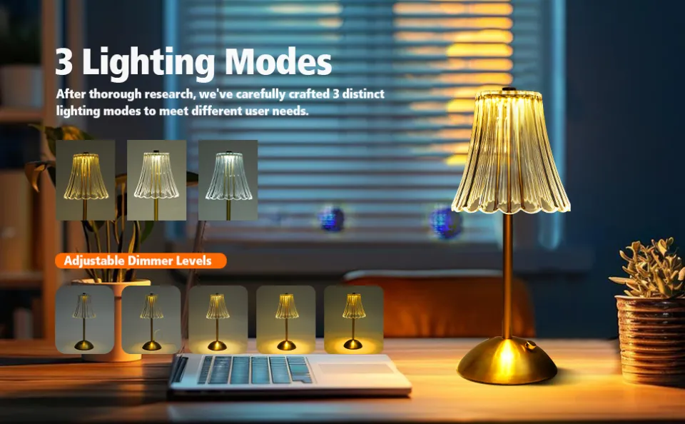 Nordic Crystal Table Lamp for Bedroom,3 Color Dimmable Cordless