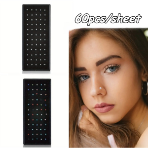60Pcs Crystal Rhinestone Nose Ring Bone Stud Stainless Steel Body Piercing Security Earrings Gift