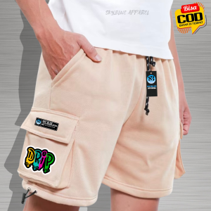Shorts Pants Cargo Distro Santai Warna Hitam Bahan Katun Fleece Adem Dan Lembut Gramasi 280 Celana Kargo Pria Wanita Motif Drip Terbaru Skyblue Appare Model Kantong Samping Tali Serut Di Paha Size M-L-XL-XXL