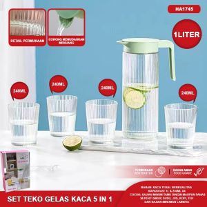 Pitcher Teko Kaca Set Gelas Drink Set 5 Pcs Water Set Kimglass Ketel Riak Jug Glass Tutup Dan Handle
