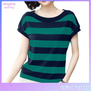elegantstunning Women Summer Loose T Shirt Stripes Printing Round Collar Short Sleeve Tops