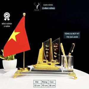 Hộp Đựng Bút Doanh Nhân Thuyền Thuận Buồm Xuôi Gió Hiện Đại 1 Cờ Chất Liệu Đồng Mạ Vàng và Pha Lê K9 Hộp Bút Để Bàn