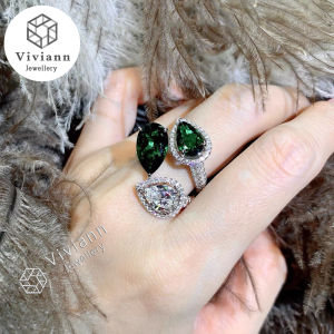 Viviann Three-stone Finger Ring Water Drop Emerald Cz 925 sterling silver Party Wedding band Rings for Women Promise Birthday Jewelry