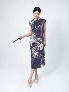 2087-2 Mid-Length Slit New Chinese Style Dress WomenS Spring Summer Retro Print Stand Collar Improved Cheongsam One Size (45-75kg)