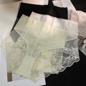 HEALMEYOU Thin Lace Mesh Panties High Waist Sweet Ice Silk Briefs Soft Transparent Seamless Underwear Women Women