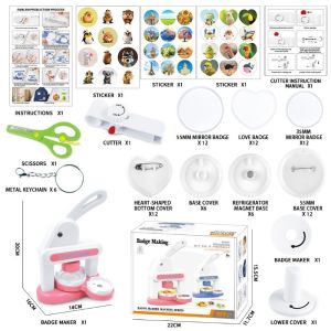 Button Badge Maker Machine Different Size Mold 55mm 35mm Mold Heart Shape DIY Badge Pin Refrigerator Sticker Maker Machine Kit With 30pcs Badge Parts/Pic/Circle Cutter