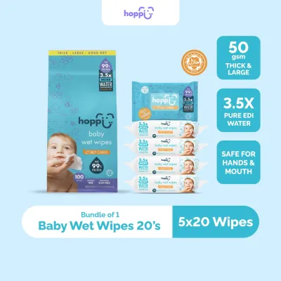 Hoppi Antibacterial Wet Wipes | Baby Wet Wipes 5x20s Soft & Gentle Thick & Large