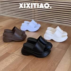 [Free Shipping] 9Cm Height-Increasing Wedge Heel WomenS Casual Outdoor Thick-Soled Slippers Simple Style Solid Color With A Touch Of Elegance Perfect For Summer
