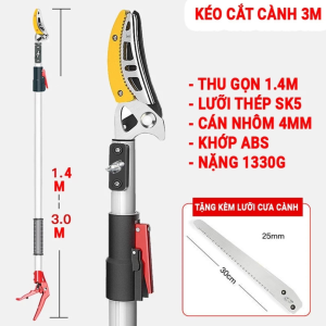 Kéo Cắt Cành Hái Quả Trên Cao Dài 3M-4M-5M Kèm Cưa Đa Năng Cán 3 Đoạn Hợp Kim Nhôm Dày 4mm Bền Chắc Chịu Tải 8Kg