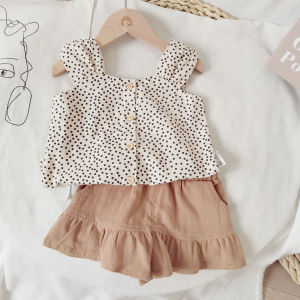 Childrens wear childrens suit girls sleeveless sling printed breathable shorts sweet summer button fashion two-piece set
