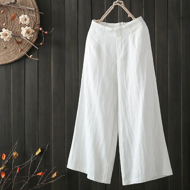 Women Cotton Linen Pant plus size Loose Fit High Elastic Waist  Wide Leg Casual Simple white cropped Pants(Not full Length)