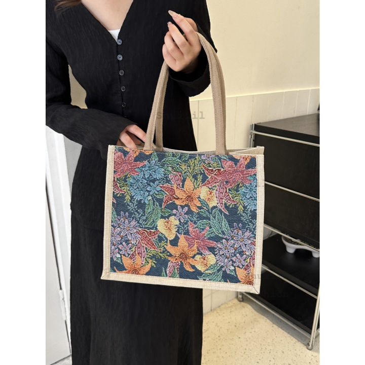 style Floral Tote Bag Burlap Bag Beach Abaca Bag Canvas Tote