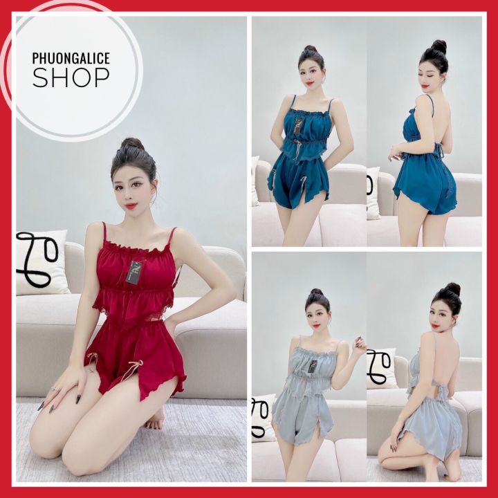 Đồ Ngủ Sexy Nữ đồ Ngủ Cao Cấp Phối Ren Yếm Sexy Gợi Cảm Chất Satin Quyến Rũ Phuongaliceshop