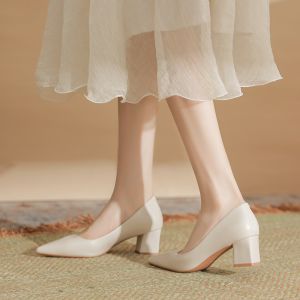 Free Shipping Off-White Pointed-Toe Chunky-Heeled Flats For Women Perfect For Spring And Autumn Versatile For Work Shallow-Cut High Heels That Are Comfortable To Wear And Go Well With Dresses