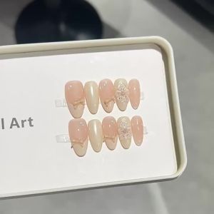 【HANDMADE+Free Glue】Artificial Nail Medium Oval Gentle Nude Bow French Carved Polka Dots Phototherapy Fake Nail Patch Press on Nails Reusable