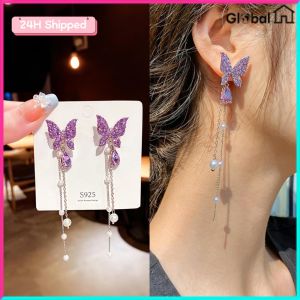 【24H COD】Luxury Crystal Butterfly Drop Earrings Cute Girl Purple Rhinestone Earrings