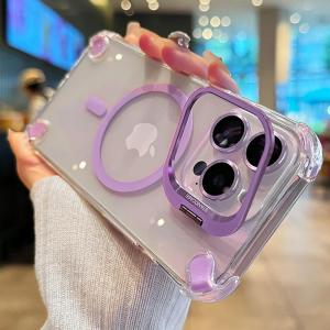 Luxury Magnetic Shockproof Case for IPhone 17 16 15 14 13 12 Pro Max Plus 17Air for Magsafe with Glass Lens Protect Stand Cover