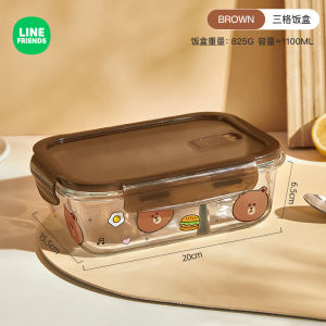【Free Combination】Line Friends Brown Bear Glass Lunch Box Can Microwave Heating Fresh-keeping Bowl Set Students Office Lunch Box Divider Bento Bowl Friends Gift Lover Gift