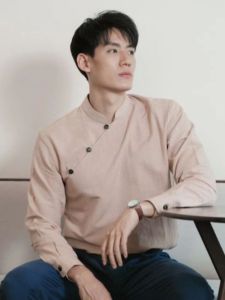 (JUN) Hanfu Shirt เสื้อเชิ้ตผู้ชายฮั่นฝู สีชมพูอ่อน