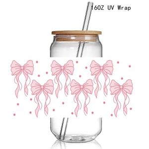 Retro Soft Girl  UV DTF Sticker Wraps  16OZ  Glass Pink Bows Cup Can UV Wrap Transfer Sticker Custom Labels