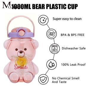 ขวดน้ำพลาสติกปลอด BPA ดีไซน์หมี ทนทาน ฝาปิดสนิท พร้อมหลอดและสายคล้องพกพาสะดวกสำหรับการเดินทาง