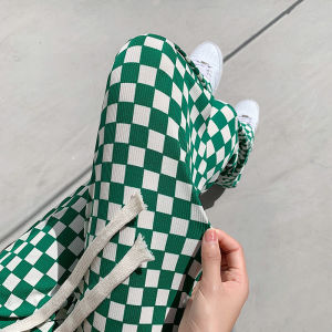 IELGY บอร์ดลายตารางหมากรุกผ้าวิสคอสของผู้หญิงกางเกงขากว้างทรงตรงพื้นเอวสูง