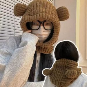 DRESSPLUS Solid Color Bear Ear Balaclava Hat Windproof Korean Style Winter Pullover Helmet Cap Casual Warm Knit Hooded Beanie Hat Women