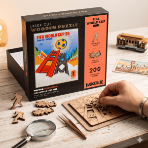 Wooden Laser Cut Puzzle FIFA World Cup 26 - 200 Pieces - Golden Gate Bridge - Ideal for Soccer Fans - Displayable Artwork - Perfect for Gift Giving
