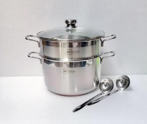 Bộ nồi xửng hấp HT Cook inox 430 1 đáy nắp kính tương thích mọi bếp như bếp từ hồng ngoại tặng 1 muỗng canh ( 28cm / 30cm)