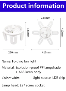 E27 Ceiling Fan with Light Socket Fan Light with Remote Control Ceiling Fan Foldable 6 LED Light 3 Blade Electric Fan Ceiling Lights for Home Office Living Room