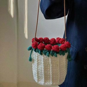 495HS Creative Bucket Pouch Material Kit Soft Unfinished DIY Rose Bouquet Bag Fashion Large Capacity Artificial Knitted Bundle Bag For Girlfriend and Mom Gift
