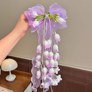 BELLETEN Bell Orchid Ribbon Hair Clip Long Ribbon Large Bow Bow Hair Clip Soft Mesh Sweet Headband For Girls