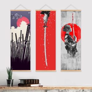 OEING Japanese Samurai Ukiyoe Scroll poster Canvas Poster with Wooden Hanger Wall Art Living Room Bedroom Home Decor Scroll Painting