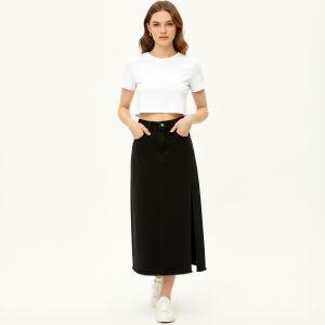 Jeans RT : Good Quality Womens Trendy Korean Style High Waisted Knee-Length A-Line Long Slit Denim Skirt (Size : XS - 3XL) Casual Pocket Traditional Womenswear Maong Tattered Bottom Trendy Korean Fashion Skirt