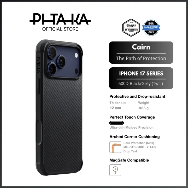 PITAKA iPhone 17 Pro/Pro Max - Cairn Case - Arched Corner Cushioning/Magnetic/Camera Button (Black/Grey)
