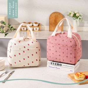 ORIGE HOUSE Thermal Corduroy Lunch Bag Floral/Plaid  Design Waterproof Portable Lunch Bag Durable Large Capacity Picnic Food Pouch Student