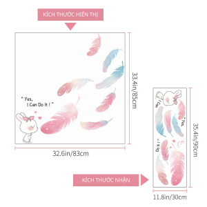 Decal dán tường trẻ em họa tiết hình thỏ và lông vũ pastel Có keo sẵn 85*83 cm Dễ thương an toàn