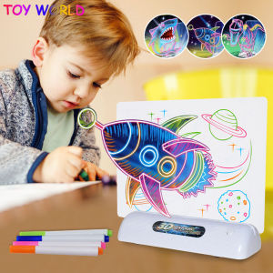 3d Neon LED Drawing Pad Doodle Board Fun Fluorescence Toys Glow In Dark With Light Through Surface and Stand 4 Fluorescent Markers Early Learning Educational Toys for Kid