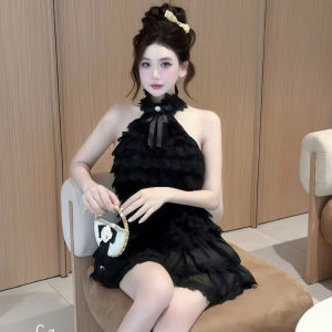 MK_ Set váy tiểu thư đồ đi tiệc set áo cổ yếm Ren đính nơ phối chân váy ngắn Tơ tầng dễ thương