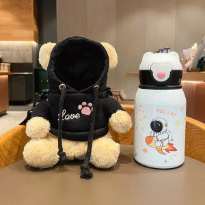 Childrens Water Bottle with Crossbody Strap and Plush Bear Cup Sleeve 316 Stainless Steel Insulated Cup with Straw for Students High-Quality Aesthetic Cup