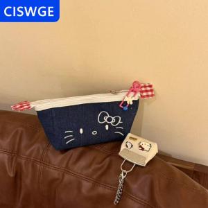 [COD] CISWGE Dễ thương denim Hello Kitty Túi mỹ phẩm thời trang phim hoạt hình công suất lớn bút chì trường hợp lưu trữ túi văn phòng phẩm Nguồn cung cấp Kawaii cô gái Quà Tặng