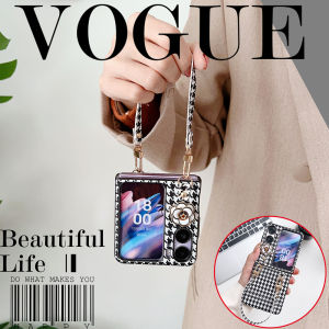 สำหรับ Oppo Find N2เคสสายรัดข้อมือเคสลาย Houndstooth Camellia แบบเกาหลีพร้อมที่ใส่บัตรเคสมือถือหนังสายคล้องปรับได้ตัวป้องกันแบบพับได้ผู้หญิงหญิงสาวเคสแบบพกพา